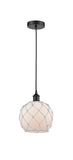 616-1P-BK-G121-8RW Cord Hung 8" Matte Black Mini Pendant - White Farmhouse Glass with White Rope Glass - LED Bulb - Dimmensions: 8 x 8 x 10<br>Minimum Height : 13.75<br>Maximum Height : 131.75 - Sloped Ceiling Compatible: Yes