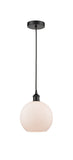 616-1P-BK-G121-8 Cord Hung 8" Matte Black Mini Pendant - Cased Matte White Athens Glass - LED Bulb - Dimmensions: 8 x 8 x 10<br>Minimum Height : 13.75<br>Maximum Height : 131.75 - Sloped Ceiling Compatible: Yes