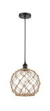 616-1P-BK-G122-10RB Cord Hung 10" Matte Black Mini Pendant - Clear Large Farmhouse Glass with Brown Rope Glass - LED Bulb - Dimmensions: 10 x 10 x 13<br>Minimum Height : 15.75<br>Maximum Height : 133.75 - Sloped Ceiling Compatible: Yes