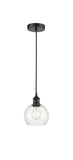 616-1P-BK-G122-6 Cord Hung 6" Matte Black Mini Pendant - Clear Athens Glass - LED Bulb - Dimmensions: 6 x 6 x 9.875<br>Minimum Height : 12.875<br>Maximum Height : 129.875 - Sloped Ceiling Compatible: Yes