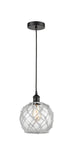 616-1P-BK-G122-8RW Cord Hung 8" Matte Black Mini Pendant - Clear Farmhouse Glass with White Rope Glass - LED Bulb - Dimmensions: 8 x 8 x 10<br>Minimum Height : 13.75<br>Maximum Height : 131.75 - Sloped Ceiling Compatible: Yes
