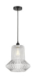 616-1P-BK-G212 Cord Hung 12" Matte Black Mini Pendant - Clear Spiral Fluted Springwater Glass - LED Bulb - Dimmensions: 12 x 12 x 14<br>Minimum Height : 18.75<br>Maximum Height : 136.75 - Sloped Ceiling Compatible: Yes