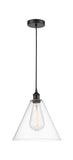 616-1P-BK-GBC-122 Cord Hung 12" Matte Black Mini Pendant - Cased Matte White Edison Cone Glass - LED Bulb - Dimmensions: 12 x 12 x 14.75<br>Minimum Height : 17.75<br>Maximum Height : 134.75 - Sloped Ceiling Compatible: Yes
