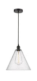 616-1P-BK-GBC-124 Cord Hung 12" Matte Black Mini Pendant - Seedy Edison Cone Glass - LED Bulb - Dimmensions: 12 x 12 x 14.75<br>Minimum Height : 17.75<br>Maximum Height : 134.75 - Sloped Ceiling Compatible: Yes
