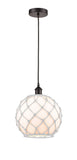 616-1P-OB-G121-10RW Cord Hung 10" Oil Rubbed Bronze Mini Pendant - White Large Farmhouse Glass with White Rope Glass - LED Bulb - Dimmensions: 10 x 10 x 13<br>Minimum Height : 15.75<br>Maximum Height : 133.75 - Sloped Ceiling Compatible: Yes