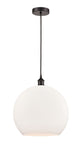 616-1P-OB-G121-14 1-Light 13.75" Oil Rubbed Bronze Pendant - Cased Matte White Large Athens Glass - LED Bulb - Dimmensions: 13.75 x 13.75 x 18.375<br>Minimum Height : 21.375<br>Maximum Height : 138.375 - Sloped Ceiling Compatible: Yes
