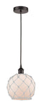 616-1P-OB-G121-8RW Cord Hung 8" Oil Rubbed Bronze Mini Pendant - White Farmhouse Glass with White Rope Glass - LED Bulb - Dimmensions: 8 x 8 x 10<br>Minimum Height : 13.75<br>Maximum Height : 131.75 - Sloped Ceiling Compatible: Yes