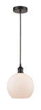 616-1P-OB-G121-8 Cord Hung 8" Oil Rubbed Bronze Mini Pendant - Cased Matte White Athens Glass - LED Bulb - Dimmensions: 8 x 8 x 10<br>Minimum Height : 13.75<br>Maximum Height : 131.75 - Sloped Ceiling Compatible: Yes