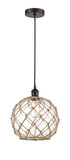 616-1P-OB-G122-10RB Cord Hung 10" Oil Rubbed Bronze Mini Pendant - Clear Large Farmhouse Glass with Brown Rope Glass - LED Bulb - Dimmensions: 10 x 10 x 13<br>Minimum Height : 15.75<br>Maximum Height : 133.75 - Sloped Ceiling Compatible: Yes