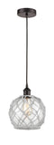 616-1P-OB-G122-8RW Cord Hung 8" Oil Rubbed Bronze Mini Pendant - Clear Farmhouse Glass with White Rope Glass - LED Bulb - Dimmensions: 8 x 8 x 10<br>Minimum Height : 13.75<br>Maximum Height : 131.75 - Sloped Ceiling Compatible: Yes