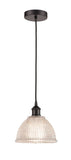 616-1P-OB-G422 Cord Hung 8" Oil Rubbed Bronze Mini Pendant - Clear Arietta Glass - LED Bulb - Dimmensions: 8 x 8 x 8<br>Minimum Height : 12.75<br>Maximum Height : 130.75 - Sloped Ceiling Compatible: Yes