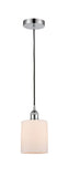 616-1P-PC-G111 Cord Hung 5" Polished Chrome Mini Pendant - Matte White Cobbleskill Glass - LED Bulb - Dimmensions: 5 x 5 x 8<br>Minimum Height : 12.75<br>Maximum Height : 130.75 - Sloped Ceiling Compatible: Yes
