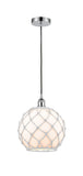 616-1P-PC-G121-10RW Cord Hung 10" Polished Chrome Mini Pendant - White Large Farmhouse Glass with White Rope Glass - LED Bulb - Dimmensions: 10 x 10 x 13<br>Minimum Height : 15.75<br>Maximum Height : 133.75 - Sloped Ceiling Compatible: Yes