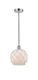 616-1P-PC-G121-8RW Cord Hung 8" Polished Chrome Mini Pendant - White Farmhouse Glass with White Rope Glass - LED Bulb - Dimmensions: 8 x 8 x 10<br>Minimum Height : 13.75<br>Maximum Height : 131.75 - Sloped Ceiling Compatible: Yes