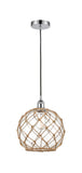 616-1P-PC-G122-10RB Cord Hung 10" Polished Chrome Mini Pendant - Clear Large Farmhouse Glass with Brown Rope Glass - LED Bulb - Dimmensions: 10 x 10 x 13<br>Minimum Height : 15.75<br>Maximum Height : 133.75 - Sloped Ceiling Compatible: Yes