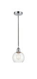 616-1P-PC-G122-6 Cord Hung 6" Polished Chrome Mini Pendant - Clear Athens Glass - LED Bulb - Dimmensions: 6 x 6 x 9.875<br>Minimum Height : 12.875<br>Maximum Height : 129.875 - Sloped Ceiling Compatible: Yes