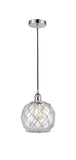 616-1P-PC-G122-8RW Cord Hung 8" Polished Chrome Mini Pendant - Clear Farmhouse Glass with White Rope Glass - LED Bulb - Dimmensions: 8 x 8 x 10<br>Minimum Height : 13.75<br>Maximum Height : 131.75 - Sloped Ceiling Compatible: Yes
