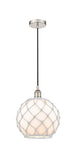 616-1P-PN-G121-10RW Cord Hung 10" Polished Nickel Mini Pendant - White Large Farmhouse Glass with White Rope Glass - LED Bulb - Dimmensions: 10 x 10 x 13<br>Minimum Height : 15.75<br>Maximum Height : 133.75 - Sloped Ceiling Compatible: Yes