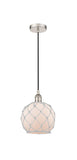 616-1P-PN-G121-8RW Cord Hung 8" Polished Nickel Mini Pendant - White Farmhouse Glass with White Rope Glass - LED Bulb - Dimmensions: 8 x 8 x 10<br>Minimum Height : 13.75<br>Maximum Height : 131.75 - Sloped Ceiling Compatible: Yes