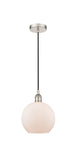 616-1P-PN-G121-8 Cord Hung 8" Polished Nickel Mini Pendant - Cased Matte White Athens Glass - LED Bulb - Dimmensions: 8 x 8 x 10<br>Minimum Height : 13.75<br>Maximum Height : 131.75 - Sloped Ceiling Compatible: Yes