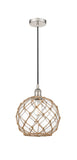 616-1P-PN-G122-10RB Cord Hung 10" Polished Nickel Mini Pendant - Clear Large Farmhouse Glass with Brown Rope Glass - LED Bulb - Dimmensions: 10 x 10 x 13<br>Minimum Height : 15.75<br>Maximum Height : 133.75 - Sloped Ceiling Compatible: Yes