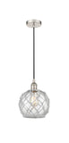 616-1P-PN-G122-8RW Cord Hung 8" Polished Nickel Mini Pendant - Clear Farmhouse Glass with White Rope Glass - LED Bulb - Dimmensions: 8 x 8 x 10<br>Minimum Height : 13.75<br>Maximum Height : 131.75 - Sloped Ceiling Compatible: Yes