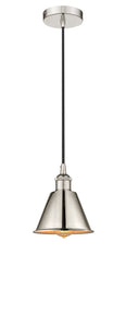 616-1P-PN-M8 Cord Hung 7" Polished Nickel Mini Pendant - Polished Nickel Smithfield Shade - LED Bulb - Dimmensions: 7 x 7 x 7.5<br>Minimum Height : 12.75<br>Maximum Height : 130.75 - Sloped Ceiling Compatible: Yes