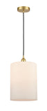 616-1P-SG-G111-L Cord Hung 9" Satin Gold Mini Pendant - Matte White Large Cobbleskill Glass - LED Bulb - Dimmensions: 9 x 9 x 14<br>Minimum Height : 18.75<br>Maximum Height : 136.75 - Sloped Ceiling Compatible: Yes