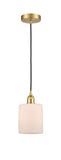616-1P-SG-G111 Cord Hung 5" Satin Gold Mini Pendant - Matte White Cobbleskill Glass - LED Bulb - Dimmensions: 5 x 5 x 8<br>Minimum Height : 12.75<br>Maximum Height : 130.75 - Sloped Ceiling Compatible: Yes