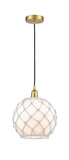 616-1P-SG-G121-10RW Cord Hung 10" Satin Gold Mini Pendant - White Large Farmhouse Glass with White Rope Glass - LED Bulb - Dimmensions: 10 x 10 x 13<br>Minimum Height : 15.75<br>Maximum Height : 133.75 - Sloped Ceiling Compatible: Yes