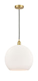 616-1P-SG-G121-14 1-Light 13.75" Satin Gold Pendant - Cased Matte White Large Athens Glass - LED Bulb - Dimmensions: 13.75 x 13.75 x 18.375<br>Minimum Height : 21.375<br>Maximum Height : 138.375 - Sloped Ceiling Compatible: Yes