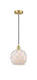 616-1P-SG-G121-8RW Cord Hung 8" Satin Gold Mini Pendant - White Farmhouse Glass with White Rope Glass - LED Bulb - Dimmensions: 8 x 8 x 10<br>Minimum Height : 13.75<br>Maximum Height : 131.75 - Sloped Ceiling Compatible: Yes