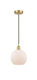 616-1P-SG-G121-8 Cord Hung 8" Satin Gold Mini Pendant - Cased Matte White Athens Glass - LED Bulb - Dimmensions: 8 x 8 x 10<br>Minimum Height : 13.75<br>Maximum Height : 131.75 - Sloped Ceiling Compatible: Yes