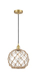 616-1P-SG-G122-10RB Cord Hung 10" Satin Gold Mini Pendant - Clear Large Farmhouse Glass with Brown Rope Glass - LED Bulb - Dimmensions: 10 x 10 x 13<br>Minimum Height : 15.75<br>Maximum Height : 133.75 - Sloped Ceiling Compatible: Yes