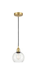 616-1P-SG-G122-6 Cord Hung 6" Satin Gold Mini Pendant - Clear Athens Glass - LED Bulb - Dimmensions: 6 x 6 x 9.875<br>Minimum Height : 12.875<br>Maximum Height : 129.875 - Sloped Ceiling Compatible: Yes