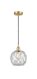 616-1P-SG-G122-8RW Cord Hung 8" Satin Gold Mini Pendant - Clear Farmhouse Glass with White Rope Glass - LED Bulb - Dimmensions: 8 x 8 x 10<br>Minimum Height : 13.75<br>Maximum Height : 131.75 - Sloped Ceiling Compatible: Yes