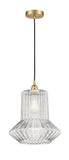 616-1P-SG-G212 Cord Hung 12" Satin Gold Mini Pendant - Clear Spiral Fluted Springwater Glass - LED Bulb - Dimmensions: 12 x 12 x 14<br>Minimum Height : 18.75<br>Maximum Height : 136.75 - Sloped Ceiling Compatible: Yes