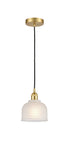 616-1P-SG-G411 Cord Hung 5.5" Satin Gold Mini Pendant - White Dayton Glass - LED Bulb - Dimmensions: 5.5 x 5.5 x 8.5<br>Minimum Height : 12.75<br>Maximum Height : 130.75 - Sloped Ceiling Compatible: Yes