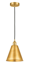 616-1P-SG-MBC-8-SG Cord Hung 8" Satin Gold Mini Pendant - Matte Black Edison Cone Shade - LED Bulb - Dimmensions: 8 x 8 x 11.75<br>Minimum Height : 14.75<br>Maximum Height : 131.75 - Sloped Ceiling Compatible: Yes