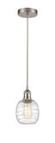 616-1P-SN-G1013 Cord Hung 6" Brushed Satin Nickel Mini Pendant - Deco Swirl Belfast Glass - LED Bulb - Dimmensions: 6 x 6 x 9<br>Minimum Height : 12.75<br>Maximum Height : 130.75 - Sloped Ceiling Compatible: Yes