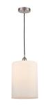 616-1P-SN-G111-L Cord Hung 9" Brushed Satin Nickel Mini Pendant - Matte White Large Cobbleskill Glass - LED Bulb - Dimmensions: 9 x 9 x 14<br>Minimum Height : 18.75<br>Maximum Height : 136.75 - Sloped Ceiling Compatible: Yes