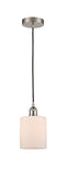 616-1P-SN-G111 Cord Hung 5" Brushed Satin Nickel Mini Pendant - Matte White Cobbleskill Glass - LED Bulb - Dimmensions: 5 x 5 x 8<br>Minimum Height : 12.75<br>Maximum Height : 130.75 - Sloped Ceiling Compatible: Yes