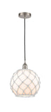 616-1P-SN-G121-10RW Cord Hung 10" Brushed Satin Nickel Mini Pendant - White Large Farmhouse Glass with White Rope Glass - LED Bulb - Dimmensions: 10 x 10 x 13<br>Minimum Height : 15.75<br>Maximum Height : 133.75 - Sloped Ceiling Compatible: Yes
