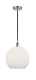 616-1P-SN-G121-12 Cord Hung 11.75" Brushed Satin Nickel Mini Pendant - Cased Matte White Large Athens Glass - LED Bulb - Dimmensions: 11.75 x 11.75 x 16.375<br>Minimum Height : 19.375<br>Maximum Height : 136.375 - Sloped Ceiling Compatible: Yes