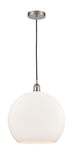 616-1P-SN-G121-14 1-Light 13.75" Brushed Satin Nickel Pendant - Cased Matte White Large Athens Glass - LED Bulb - Dimmensions: 13.75 x 13.75 x 18.375<br>Minimum Height : 21.375<br>Maximum Height : 138.375 - Sloped Ceiling Compatible: Yes
