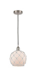 616-1P-SN-G121-8RW Cord Hung 8" Brushed Satin Nickel Mini Pendant - White Farmhouse Glass with White Rope Glass - LED Bulb - Dimmensions: 8 x 8 x 10<br>Minimum Height : 13.75<br>Maximum Height : 131.75 - Sloped Ceiling Compatible: Yes