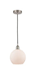 616-1P-SN-G121-8 Cord Hung 8" Brushed Satin Nickel Mini Pendant - Cased Matte White Athens Glass - LED Bulb - Dimmensions: 8 x 8 x 10<br>Minimum Height : 13.75<br>Maximum Height : 131.75 - Sloped Ceiling Compatible: Yes