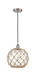 616-1P-SN-G122-10RB Cord Hung 10" Brushed Satin Nickel Mini Pendant - Clear Large Farmhouse Glass with Brown Rope Glass - LED Bulb - Dimmensions: 10 x 10 x 13<br>Minimum Height : 15.75<br>Maximum Height : 133.75 - Sloped Ceiling Compatible: Yes