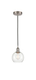 616-1P-SN-G122-6 Cord Hung 6" Brushed Satin Nickel Mini Pendant - Clear Athens Glass - LED Bulb - Dimmensions: 6 x 6 x 9.875<br>Minimum Height : 12.875<br>Maximum Height : 129.875 - Sloped Ceiling Compatible: Yes