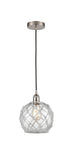 616-1P-SN-G122-8RW Cord Hung 8" Brushed Satin Nickel Mini Pendant - Clear Farmhouse Glass with White Rope Glass - LED Bulb - Dimmensions: 8 x 8 x 10<br>Minimum Height : 13.75<br>Maximum Height : 131.75 - Sloped Ceiling Compatible: Yes